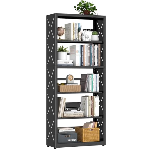 5 Tier Black Bookshelf, 55" H Tall Bookshelf with 5 Storage Shelves, Heavy Duty Deep Shelves, Open Shelf Bookcase with 5 Bookends, Modern Display Shel