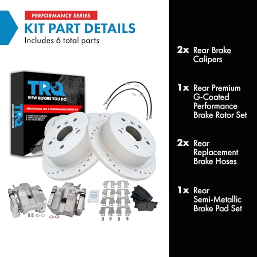 Image of TRQ Performance Rear Brake Pad and Rotor Set Semi Metallic Slotted Drilled Coated Rotors Calipers Compatible with 2007-2012 Lexus ES350 2008-2012 Toyota Avalon 2007-2011 Camry