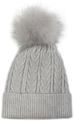 Stylebreaker Women'S Fine Knit Pom Pom Beanie With Cable Pattern, Faux Fur Pom Beanie, Lined Winter Knit Beanie 04024100, Colour:Light-Grey