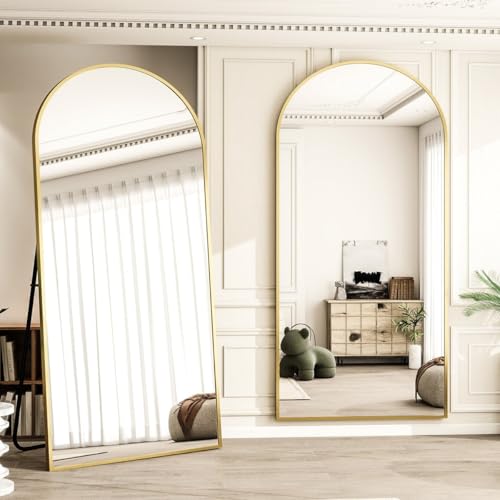Image of Arch Top Full-Length Mirror | Floor Standing or Wall Mounted | Minimalist Design in Gold, Black & Silver | Oversized Mirror for Bedroom & Entryway (Gold, 170x70 cm)
