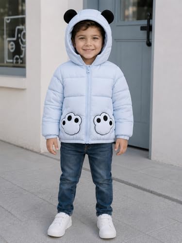 Image of Bold N Elegant Cartoon Bear Kids Shiny Sparkling Quilted Winter Warm Standard Length Wool Blend Hood Jacket Coat Bomber Puffer Jacket for Boys Girls Kids