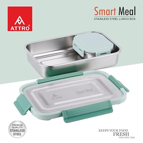 Image of ATTRO Smart Meal Medium Stainless Steel Lunch Box with 1 Small Container Airtight Spill-Proof BPA Free Food Grade Ideal for Office, School, Picnic- Green-800ml+170ml
