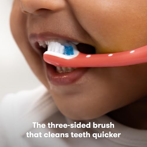 Image of Frida Baby Triple-Angle Toothhugger Training Toddler Toothbrush | Toddler Toothbrush 2 Years and Up, Cleans All Sides at Once | 2 Pack (Pink + Blue)
