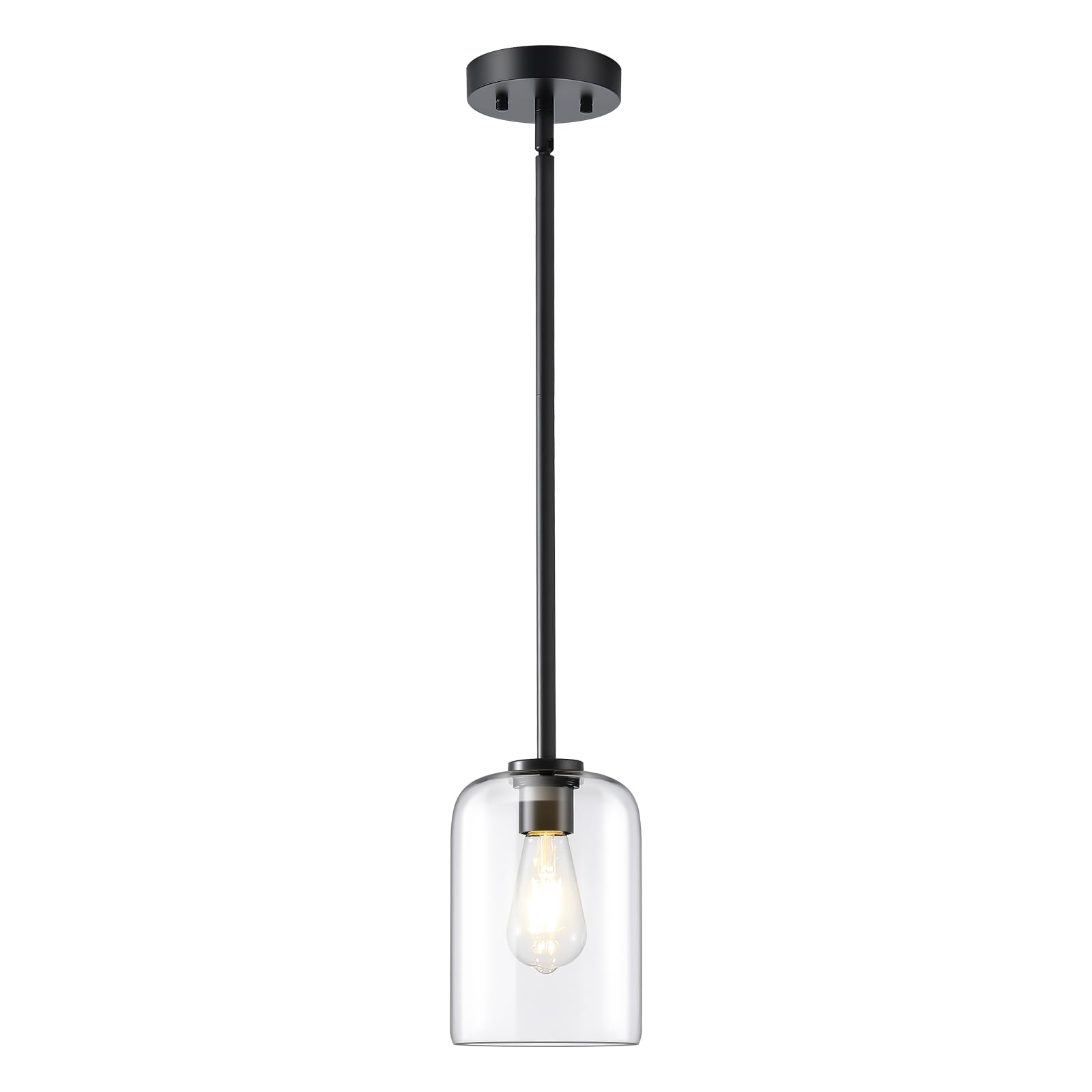 Pendant Light Fixtures with Clear Glass Shade, Black Modern Farmhouse Pendant Lights Kitchen Island, Adjustable Stem Rod Ceiling Hanging Light Fixture for Dining Living Room Bedroom