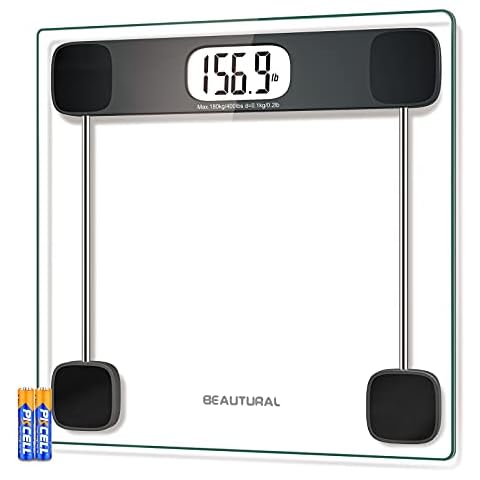 BEAUTURAL Digital Bathroom Scale for Body Weight, LCD Display, 400lb, 4 AAA Batteries and Tape Measure Included,Tempered Glass Cover