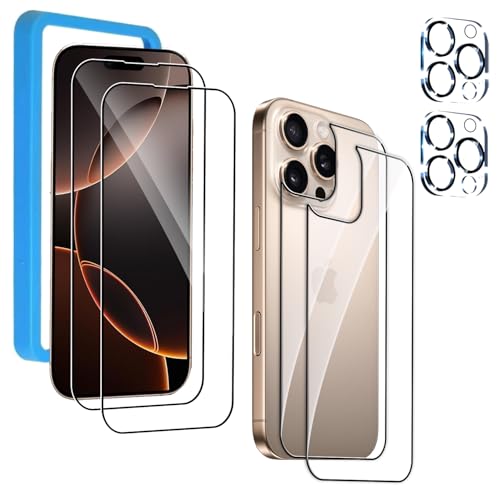BIGFLYANTS 2 Front Screen and 2 Back Glass Protector Compatible with iPhone 16 Pro Max + 2 Camera Lens Protector 9H Hardness Easy to Install with Alignment Tool