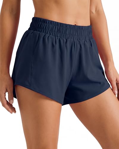 TIMEPAY Womens Running Shorts High Waist Quick Dry Athletic Shorts with Liner Workout Gym Yoga Shorts Navy