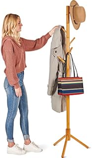 High-Grade Wooden Tree Coat Rack Stand, 6 Hooks, Super Easy Assembly NO Tools Required, 3 Adjustable Sizes Free Standing Hallway Coat Hanger Hat Stand, for Handbag Clothes & Accessories - Natural Wood