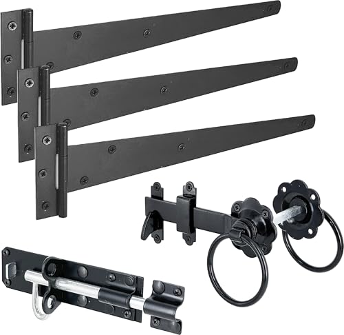 IRONTITE Black Gate Latch Kit with 300mm (12) T Hinges and Brenton Bolt. Garden Gate Kit Includes Garden Gate Hinges for Wooden Gates Brenton Garden Gate Bolt and Ring Gate Latch.