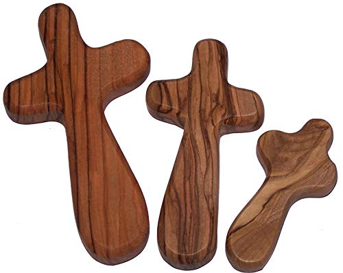 Holy Land Market Three Olive Wood Comfort Handheld Crosses with Velvet Bags & Lord