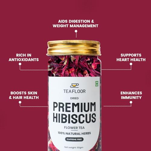 Image of TEAFLOOR 100% Dried Natural Hibiscus Flower Tea: Explore The Ruby Nectar || Wellness & Health,Vitamin C Bursts || Whole Flower Buds, Brew Hot Or Iced - Caffein Free || 50 Grams (Pack Of 4)