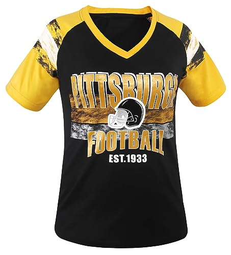 Geneisteck Womens Football Fans V Neck City Raglan T-Shirts - Black & Yellow XX-Large
