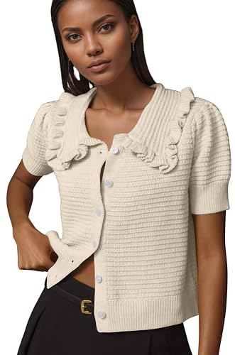 Women Ruffle Collar Short Sleeve Summer Cardigan Button Down Open Front Knitted Sweater Cute Ruffle Shirt Tops Beige3