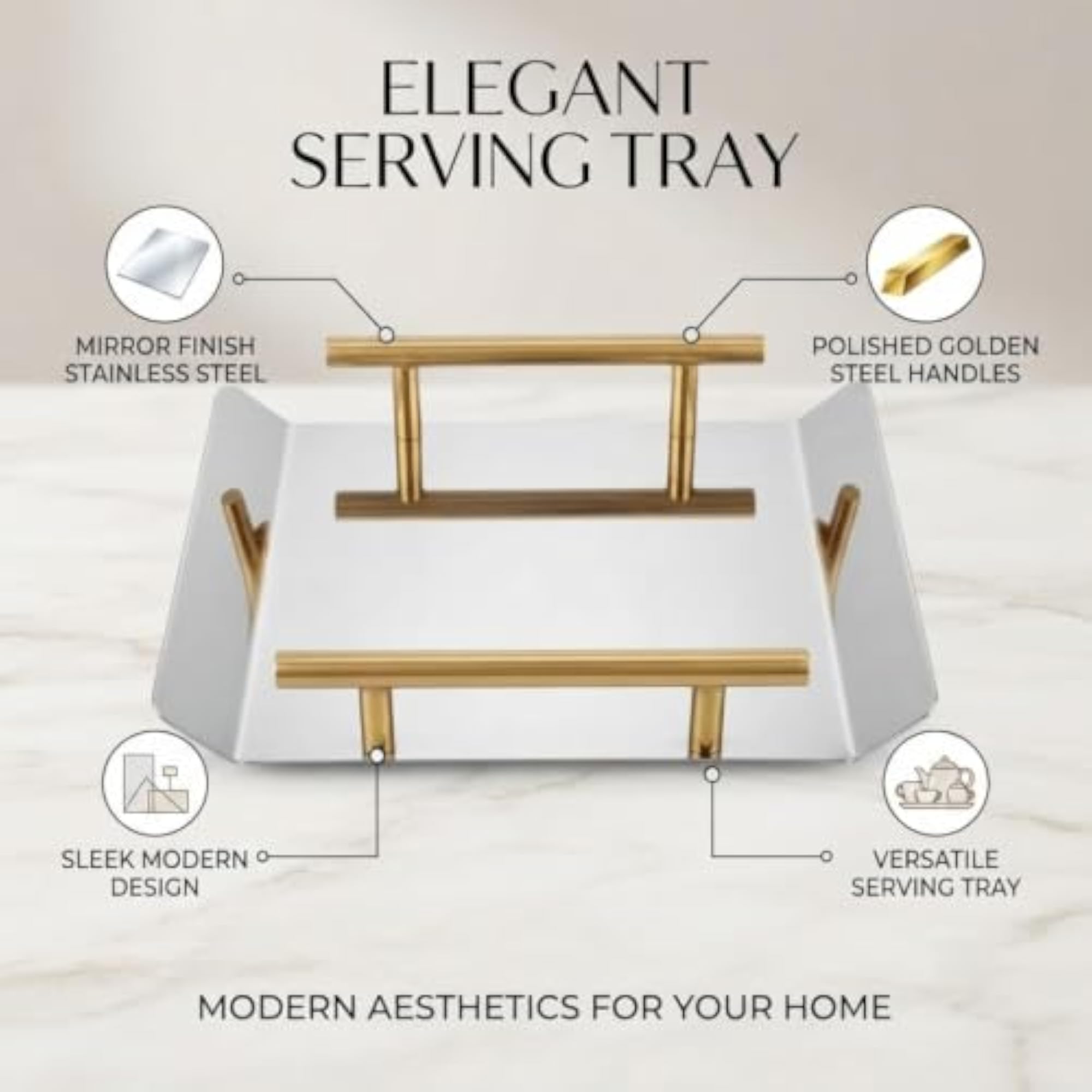 Luxury Stainless Steel Serving Tray with Gold Handle