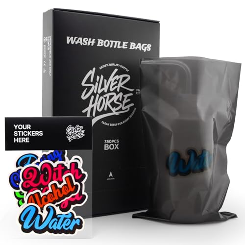 350pcs Wash Bottle Bags with 6pcs Sticker Labels - Tattoo Bottle Bags for 500ml/16.9oz 6.09.4 Inch Plastic Covers Professional Tattoo Supplies & Accessories (Black)