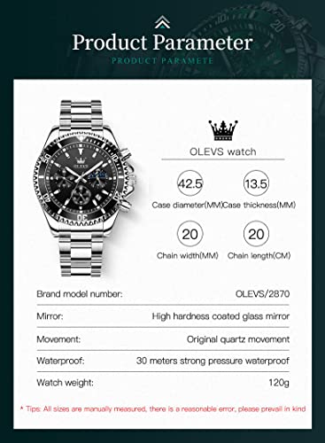 Olevs Watch Men Big Dial Chronograph Watches Silver Stainless Steel Black Face Waterproof Date Analog Quartz Watch Business Casual Fashion Multifunction Sport Luxury Watches For Men #TOP4