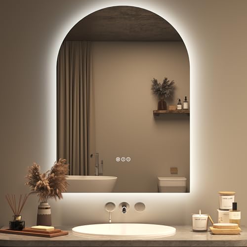 Image of 20x28 Inch Backlit Arched LED Mirror for Bathroom | Dimmable Lighted Vanity Mirror for Wall, Anti-Fog, 3 Colors, Tempered Glass, Memory, ETL Listed