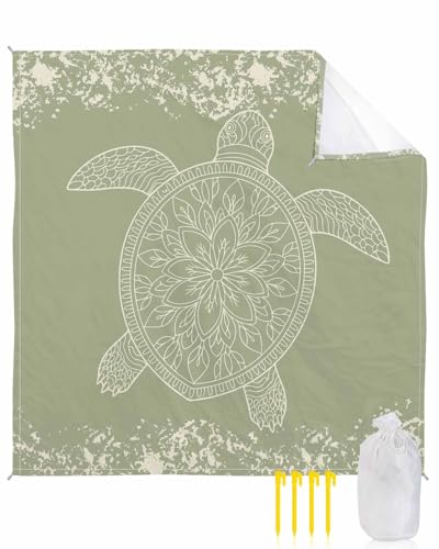 Beach Blanket Sandproof Waterproof Picnic Blankets Nautical Turtle on Sage Green Extra Large Lightweight Outdoor Beach Mat with Corner Pockets for Travel/Camping/Hiking Classic Ocean Animal