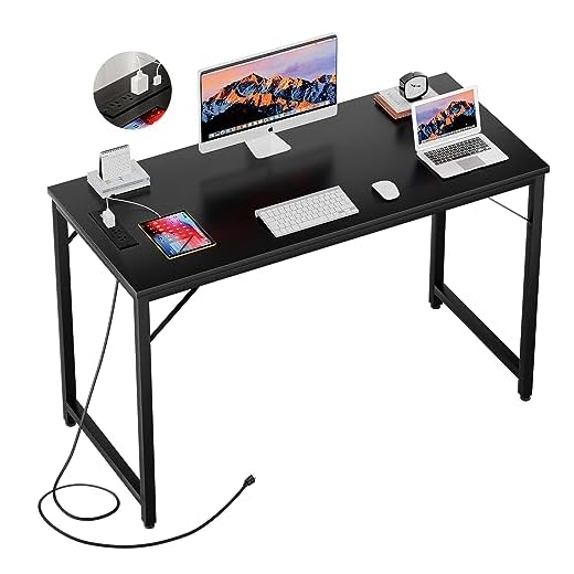 iSunirm 47 Inch Computer Desk with Magic Power Outlets, Modern Office Desk with USB Charging Ports, Sturdy Student Writing Desk, Simple Laptop PC Gaming Table for Bedroom Workstation, Black