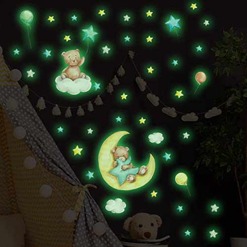 Leuchtsterne Wandtattoo Kinderzimmer Deko, Kleiner Bär Leuchtender Wandaufkleber für Kinder Schlafzimmer, Babybär Leuchtsticker Wandsticker, Leuchtmond Wanddeko Geschenk für Babyzimmer Mädchen Jungen