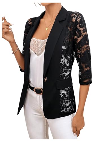 WDIRARA Women's Contrast Lace Waistcoat Single Button Open Front Lapel Neck Sheer Vest Blazer
