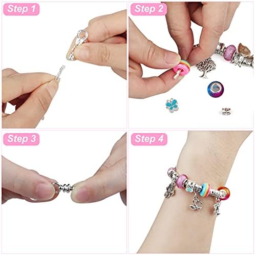 Girls Charm Bracelet Making Kit, Jewellery Making Kit for Girls Craft Kits Arts and Crafts for Kids with 3 Silver Plated Chains, 52 Beads& Pendants, and 1 Gift Box, Gift for Age 6 7 8 9 10 11 12