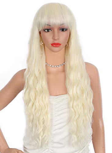 Kalyss 26 Inches Wigs with Hair Bangs Long Curly Wavy Synthetic Wigs (Platinum Blonde)