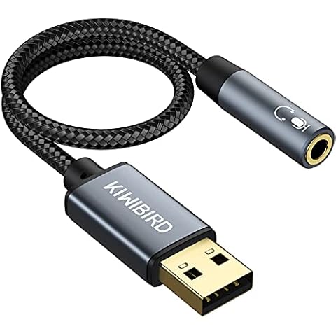 KiwiBird USB to 3.5mm Jack Audio Adapter, USB to Headphone and Microphone Jack, Gaming Headset USB Aux Adapter, TRRS 4-pole, Stereo Sound Card with DAC Compatible with MacBook, Surface, PS4, Laptop Cover