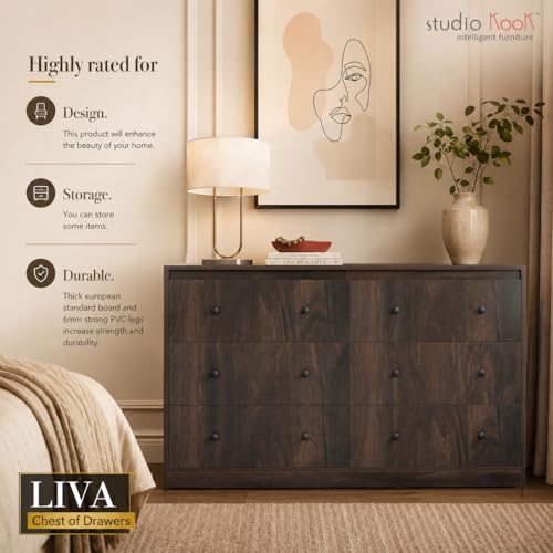 Image of Studio Kook Livaa Wide 6 Drawer Chest of Drawers, Junglewood | Engineered wood, 149x40x86 cm, six drawers on telescopic runners holding 15 kg each, 66x33x19 cm inside, 6 mm PVC legs