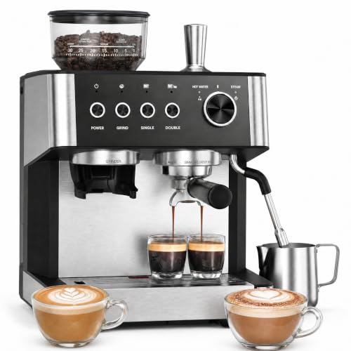 Bean To Cup Coffee Machine, 20 Bar Espresso Machine with 30-Setting Grinder & Milk Frother, Brushed Stainless Steel, 1500W, 2.3L Removable Water Tank, Automatic Coffee Machine for Home Office