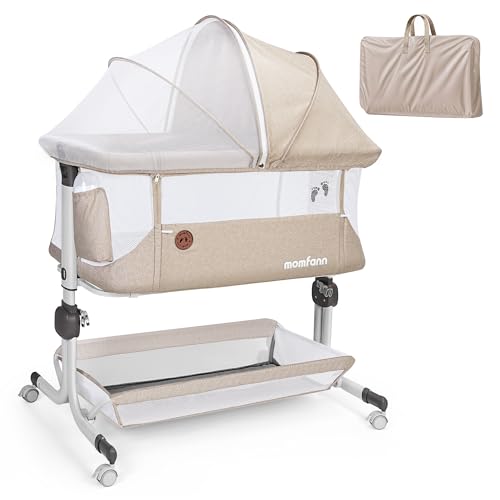 Image of MOMFANN Baby Bassinet Bedside Sleeper, Upgraded Stability Bedside Crib with Full Mesh Sides, Soft Sheet, 6-Height Adjustment, Storage Basket, Easy Folding Portable Bassinet for Newborns, Oatmeal