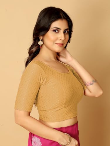 Image of Amazon Brand - Anarva Round Neck Dobby Cotton Lycra Stretchable Elbow Half Sleeve Readymade Saree Blouse for Women Stylish