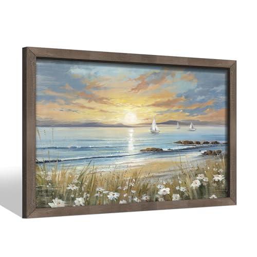 Beach Wooden Framed Wall Art: Coastal Sailboat Sea Wave Seashore Sunset Ocean Painting Print Seaside Seaweed Floral Rocky Seascape Artwork Relax Scenery Picture Decor for Living Room Bedroom Bathroom