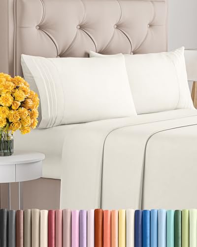Image of King Size 4 Piece Sheet Set - Ultra Soft & Cooling Sheets - Ivory | Fits 8 Inch to 16 inch Mattress, Wrinkle Free & Fade Resistant with Deep Pockets, Breathable, Comfy Hotel Luxury Bedding