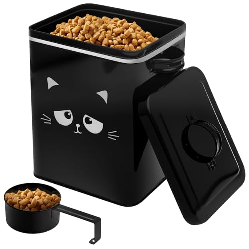 Kandishiex 6L Cat Food Container, Large Capacity Pet Food Storage Bin with Lid Airtight Metal Pet Storage Bucket Portable Cute Cat Treat Container for Home Travels(Black)