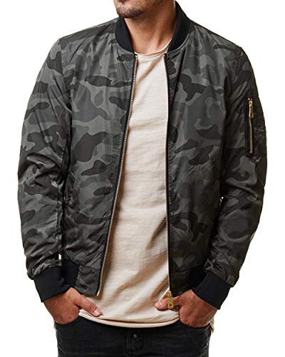 chouyatou Men's Casual Zip Up Camouflage Printed Flight Bomber Jacket (Medium, Grey)