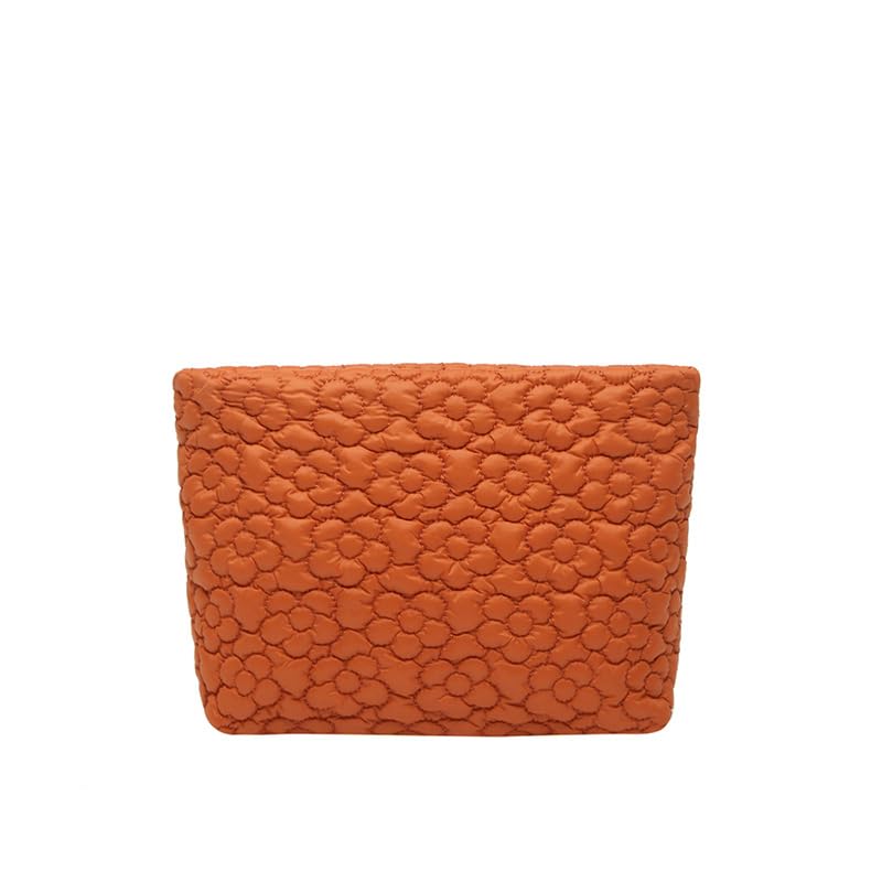 HFLZBRO Puffy Quilted Makeup Bag for Women, Cosmetic Bag, Travel Toiletry Organizer Pouch Clutch (Orange Flowers)