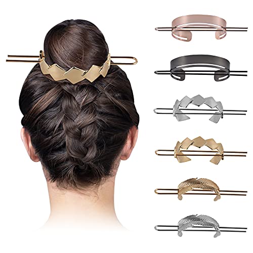 6 Pieces Round Top Hair Cuff Bun Pin Feather Clips Vintage Slide with Stick, Minimalist Alloy Bun Cage Accessories for Women Girls