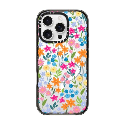 Coque iPhone 16 Pro CASETiFY Impact transparente noire à fleurs compatibles Magsafe
