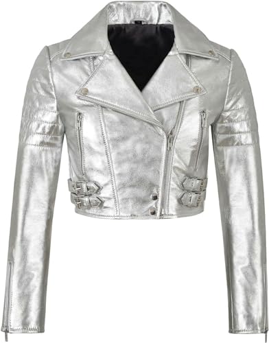 SpazeUp Women's Cropper Leather Jacket - Ladies Short Body Biker Leather Jacket Silver Golden