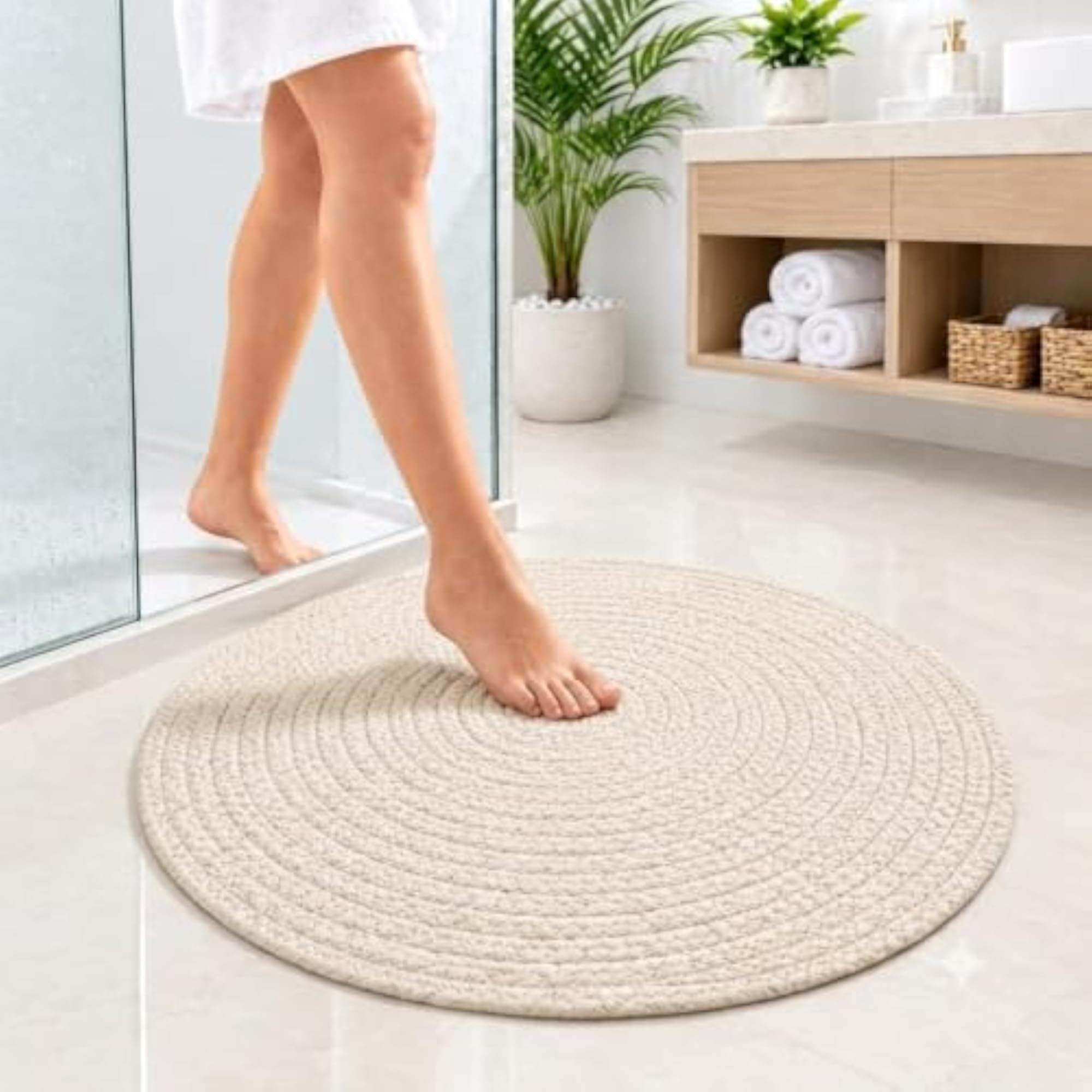 Round Bath Mat with Mandala Design, Beige