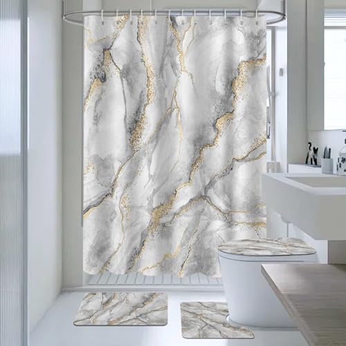 AIBIIN Marble Shower Curtain Sets 4 Piece Abstract Grey Shower Curtain Set with Non-Slip Rugs, Modern Toilet Lid Cover and Bath Mat, Bath Curtain for Bathroom Decor (Hooks Included)