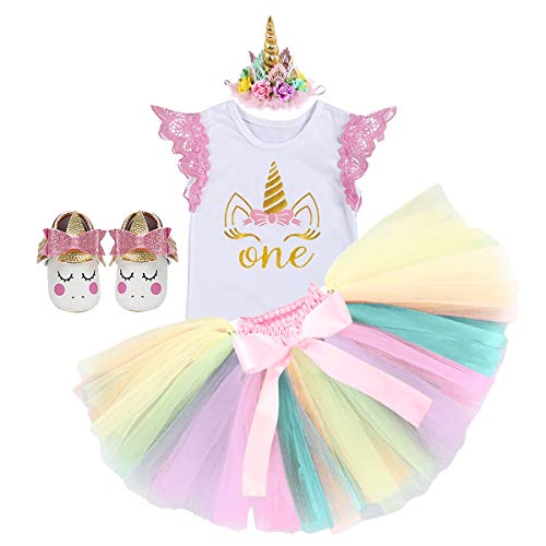 MYRISAM Baby Girls Birthday Cake Smash Unicorn Outfits Princess Romper Bodysuit Rainbow Skirt Unicorn Headband (Shoes)