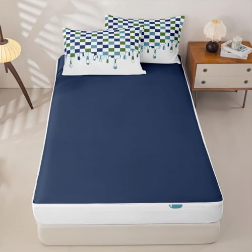 Image of Blue Green Checkered Zipper Bedding Twin - 4 Piece Zip Up Comforter Set with Fitted Sheet & Pillowcases,Soft Bed-in-a-Bag Set for Bunk Beds & Rvs,Checkerboard Drip Indie Aesthetic Funky Geometric
