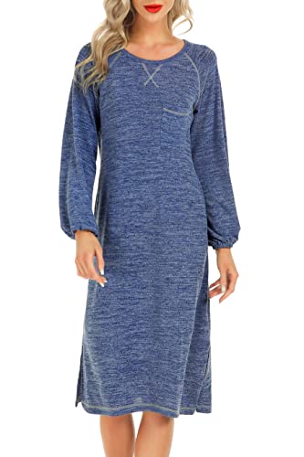 Lovasy Nachthemden für Damen Lange Laternenärmel Winter Schlafshirt Damen Oversize Still Damen Nachthemden Langarm Nachtwäsche mit Taschen,Blau,L Cover