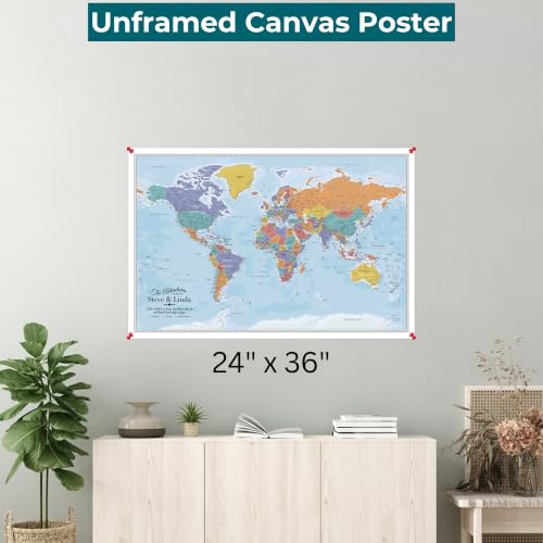 Image of Blue Oceans World Travel Map Poster with Pins - Personalized Canvas Wall Art - Large 24 inch x 36 inch