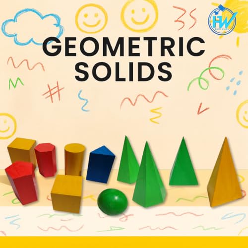 Image of Wooden Geometric Shapes Set for Students & Teachers | 12-Piece 3D Geometry Model Kit in Box | Educational Math & Physics Teaching Aids | Yellow Polished (Multicolor, Large)
