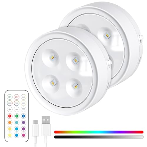 Under Cabinet Kitchen Lights, 2 Pack Colors Changing Rechargeable LED Puck Lights with Remote Under Cupboard Lamps, Magnetic Stick on Wardrobe Lamps for Wardrobe, Display (White) [Energy Class F]