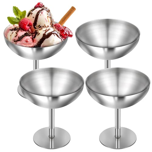 Exclaith 4Pcs Stainless Steel Dessert Cup, Ice Cream Footed Bowls, Stainless Steel Serving Desserts Bowls Cups Sauce Bowl for Dessert Cups Sundae Fruit Snack Party