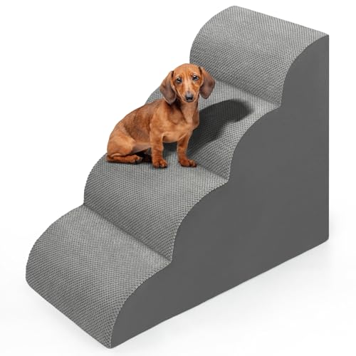 Image of Dog Stairs for Bed 28.7 inchH, 4 Extra Deeper Ramp /Steps for Small Dogs & Cats to get on High Bed or Couches, Grey